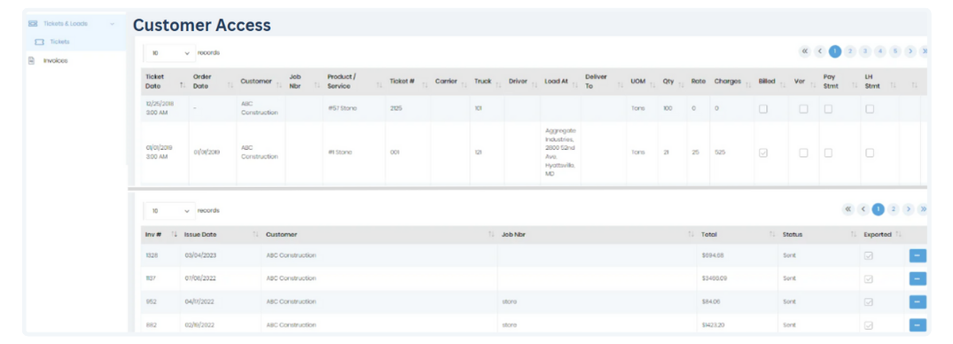 Customer portal showing invoice and ticket access