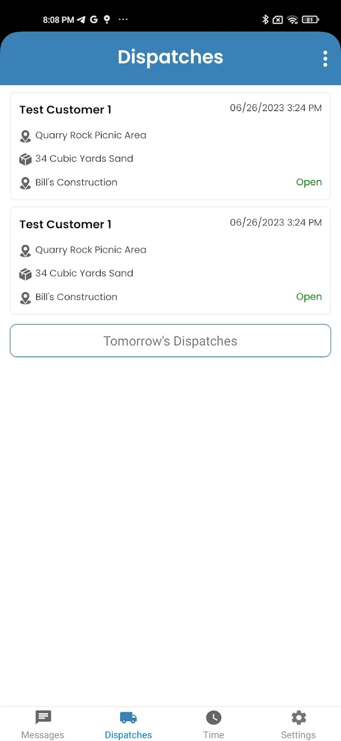 Dump Truck Dispatcher driver app showing dispatch list