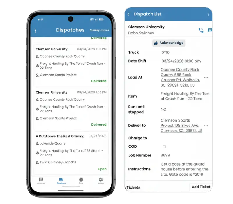 Driver app showing dispatch details