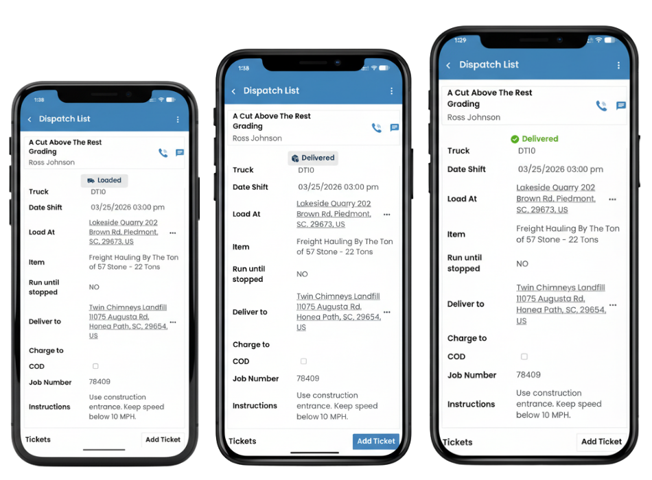 Driver app showing loaded, delivered, and completed delivery screens
