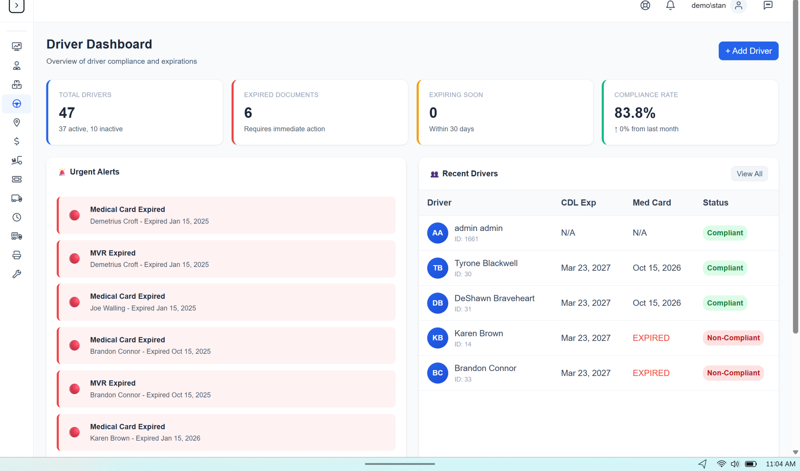 Driver DOT compliance tracking dashboard