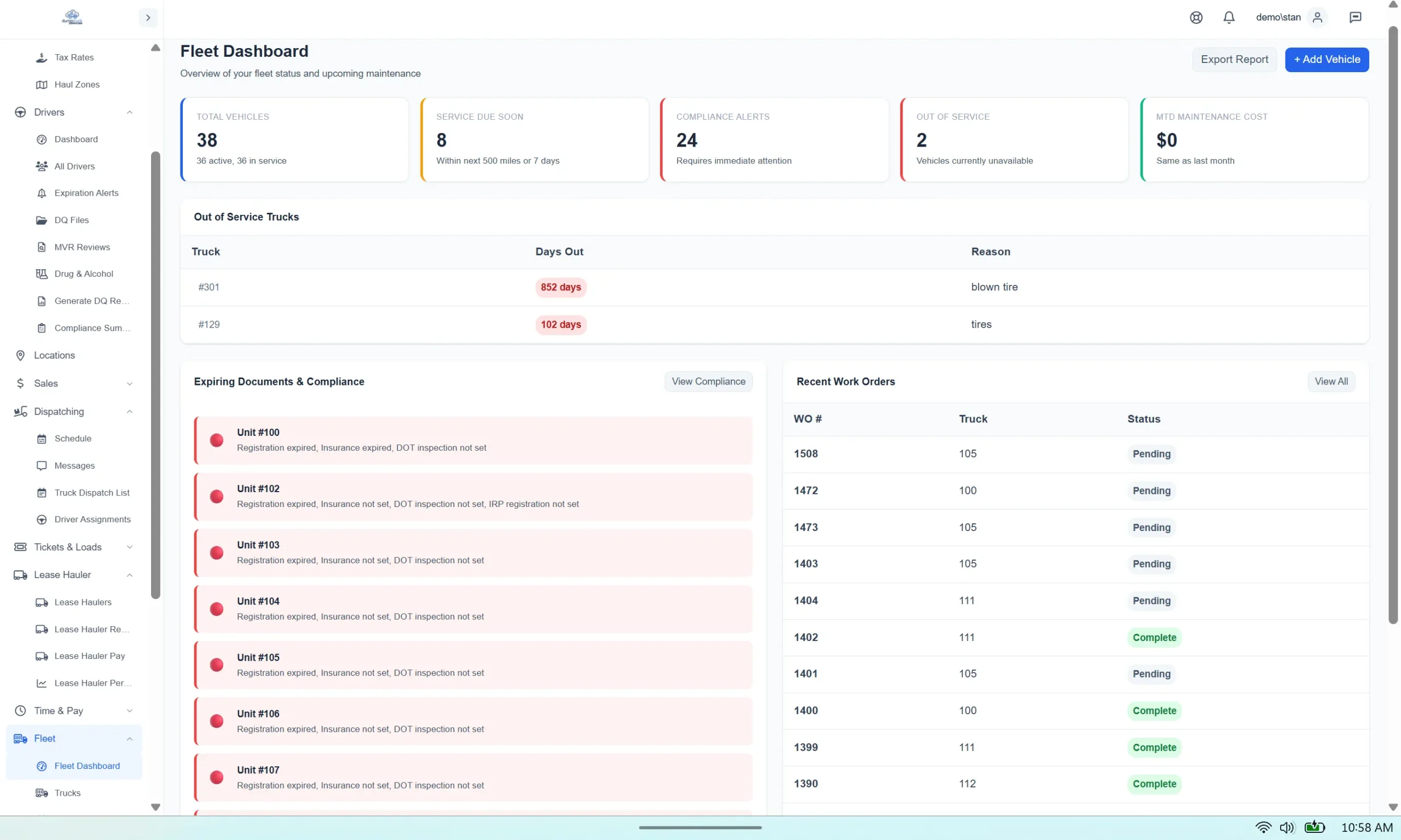 Fleet maintenance dashboard showing service status