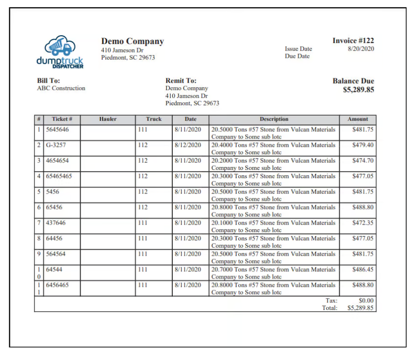 Printed invoice from Dump Truck Dispatcher