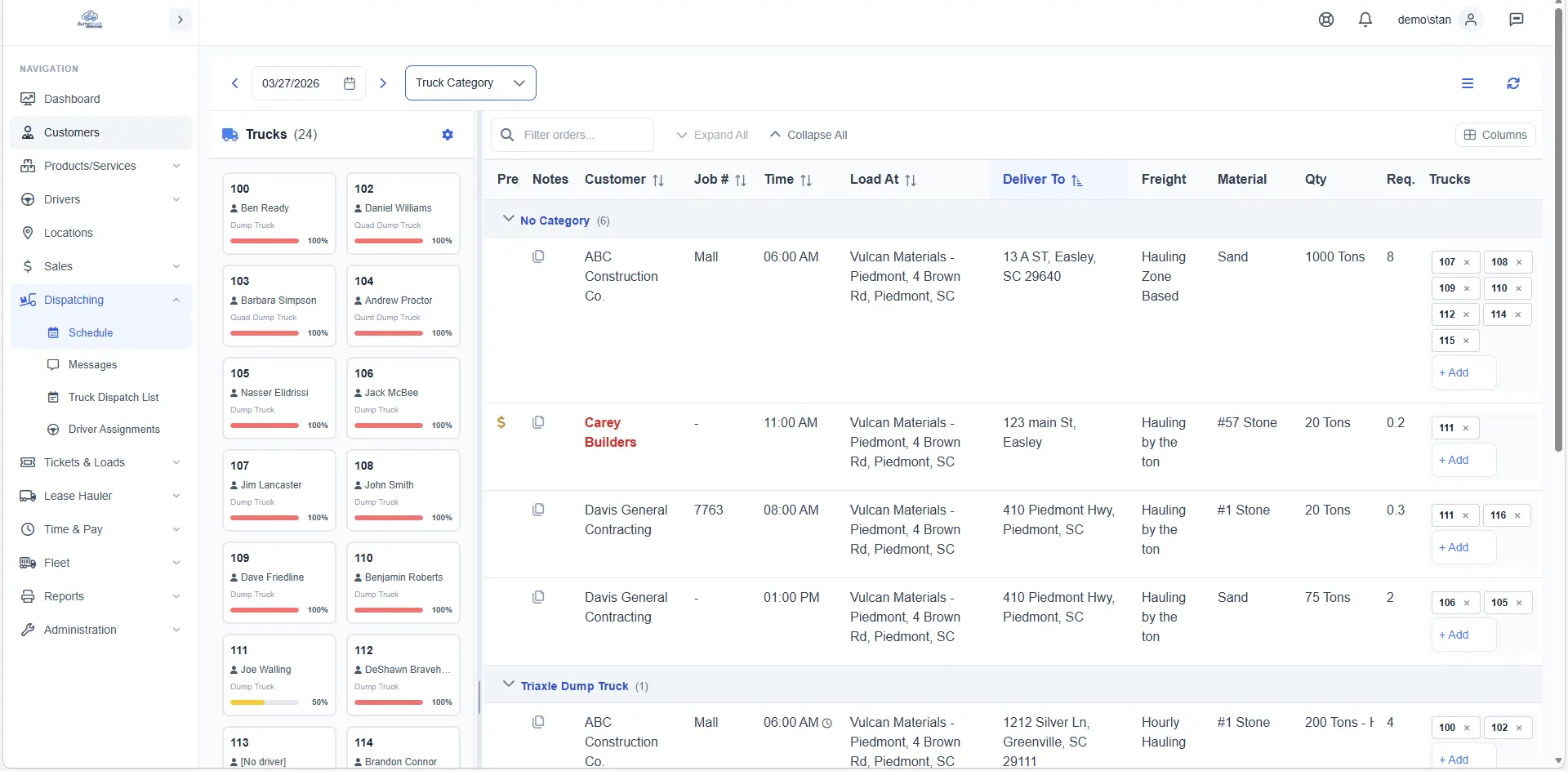 Schedule grouped by category showing color-coded dispatch calendar