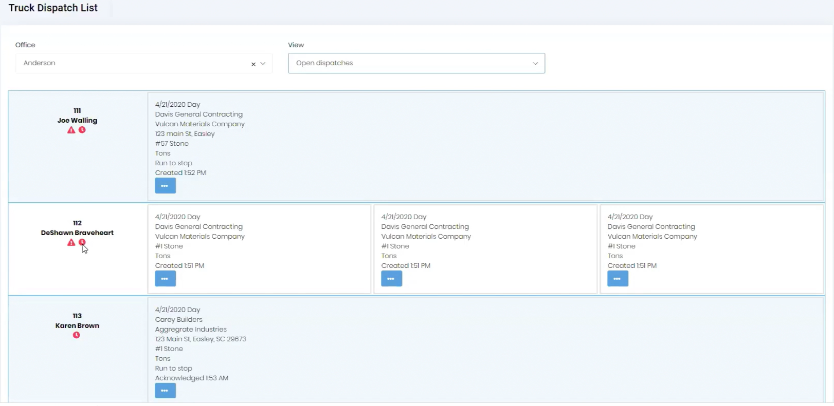 Truck dispatch list showing real-time load tracking
