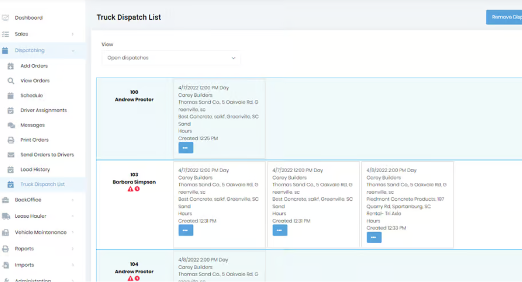 Truck dispatch list showing active jobs